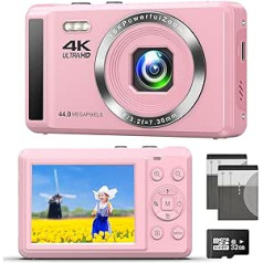 Digitālā kamera 4K fotokamera ar automātisko fokusu, 44MP kamera ar 32GB SD karti, 16X digitālā tālummaiņa, kompakta kamera iesācējiem, bērniem, zēniem un meitenēm, studentiem, pieaugušajiem (2 baterijas)