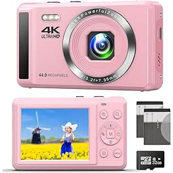 Digitālā kamera 4K fotokamera ar automātisko fokusu, 44MP kamera ar 32GB SD karti, 16X digitālā tālummaiņa, kompakta kamera iesācējiem, bērniem, zēniem un meitenēm, studentiem, pieaugušajiem (2 baterijas)