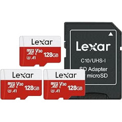 Lexar Micro SD Card 128 GB Pack of 3 Memory Cards Micro SD with Adapter, Up to 100 MB/s Read Speed, UHS-I, U3, A1, V30, C10, 4K UHD microsdxc SD Card for Camera, Smartphone