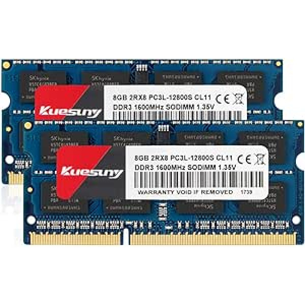 Kuesuny 16GB komplekts (2x8GB) DDR3L 1600MHz Sodimm Ram PC3 / PC3L-12800S PC3 / PC3L-12800 1.5V / 1.35V CL11 204 Pin 2RX8 Dual Rank Non-ECC klēpjdators unbuffered upgrade for memory