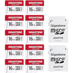 Gigastone Camera Plus 16GB MicroSDHC Memory Card Pack of 10 + SD Adapter for Action Camera and Drone, Read Speed up to 85MB/s, Full HD Video Recording, A1 U1 Class 10 Micro SD Card UHS-I