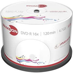 PRIMEON DVD-R 4,7 GB/120 min/16 x Cakebox, fotogrāfija uz diska, tintes pilna izmēra drukas virsma (50 diski)