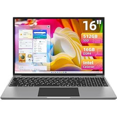 jumper Laptop 16 Inch FHD HD, Celeron 16GB RAM 512GB SSD Note Book, Intel Quad Core, Up to 2.9GHz, 1920 x 1200 IPS, 2.4G + 5G WiFi, Bluetooth 4.0, USB 3.0 × 2, Grey, 2023