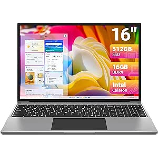 džemperis klēpjdators 16 collu FHD HD, Celeron 16 GB RAM 512 GB SSD piezīmju grāmatiņa, Intel četrkodolu, līdz 2,9 GHz, 1920 x 1200 IPS, 2,4 G + 5G WiFi, Bluetooth 4.0, USB 3.0 × 2, pelēks, 2023