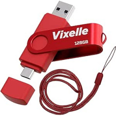 Vixelle 128 GB liela ātruma USB 3.0 C tipa zibatmiņas disks ar auklu — 2 in-1 Dual USB C Memory Stick — 360 ° grozāms pildspalvas disks ar auklu — 128 GB USB atmiņa viedtālrunim, planšetdatoram un datoram — sarkans