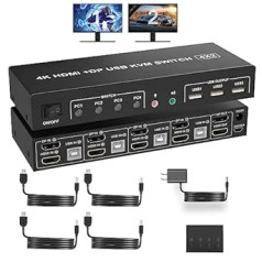 Displayport + HDMI KVM Switch 2 Monitors 4 Computers, 4K @ 60Hz Dual Monitor KVM Switch 4 Port with Audio Microphone Output and 3 USB Ports, HDMI + DP Monitor Switch for 4 PCs 2 Monitors