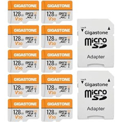 Gigastone 128GB MicroSDXC atmiņas karšu komplekts ar 10 + SD adapteris priekš Gopro, darbības kamera, drons, DJI, planšetdators, slēdzis līdz 95 MB/s, UHS-I U3 V30 10. klase, 4K UHD video mikro SD karte