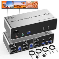 8K KVM slēdzis 3 monitori 2 datori, displeja ports + 2 HDMI trīskāršu monitoru KVM slēdzis 2 datoriem, koplietojiet 3 monitorus un 3 USB 3.0 portus/audio/mikrofonu, 8K @ 60Hz / 4K @ 144Hz