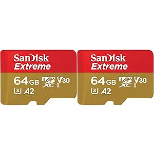 SanDisk Extreme microSDXC UHS-I Memory Card 64GB for Action Cameras and Drones + Adapter + RescuePRO Deluxe (up to 170MB/s, A2, Class 10, U3, V30) (Pack of 2)