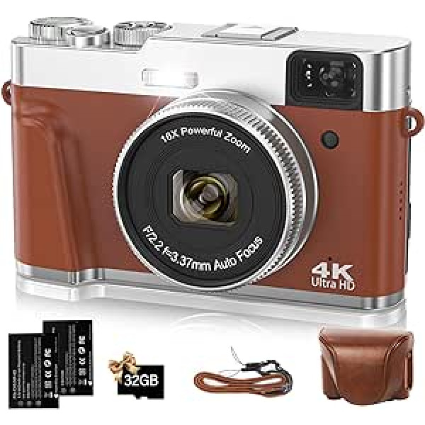 Oiadek digitālā kamera, 4K 48MP autofokusa fotokamera ar 32GB atmiņas karti, 16X digitālā tālummaiņa, 2,8 collu kompakta kamera ar rotējošu informācijas paneli un skatu meklētāju pusaudžiem, iesācējiem, pieaugušajiem (brūns)