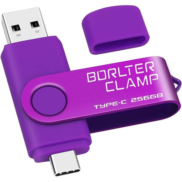 BorlterClamp Type C USB Stick 256 GB, 2 in 1 OTG Memory Stick USB 3.0 Divu portu USB C zibatmiņas disks Android viedtālrunim Samsung S10/S9/S8, Huawei, planšetdatoriem un datoriem (violeta)