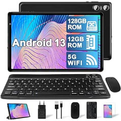 YESTEL Android 13 skārienekrāna planšetdators ar 5G WiFi, 12 GB RAM 128 GB ROM (1 TB paplašināms), planšetdators ar tastatūru un peli un korpusu, 8 kodoli 2,0 GHz, Bluetooth 5.0, GPS, 5+8 MP, grafīta melns