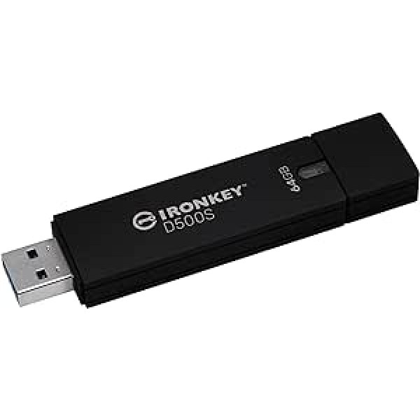 Kingston IronKey D500S aparatūras šifrēts USB zibatmiņas disks 64 GB FIPS 140-3 Lvl 3 (Gaida) AES-256 — IKD500S/64 GB, melns