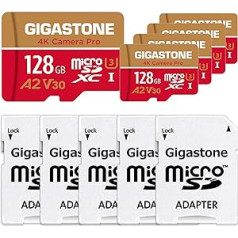 Gigastone 4K Camera Pro Micro SD Card 128GB Pack of 5 and SD Adapter, Compatible with GoPro Drone Switch, up to 100/50MB/s, 4K UHD Video Recording, MicroSDXC Memory Card UHS-I A2 Class 10 U3 V30