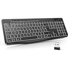 TECURS bezvadu spēļu datora tastatūra QWERTZ balta, apgaismota ergonomiska ūdensizturīga 2,4 GHz LED tastatūra operētājsistēmai Windows/Mac/PS4/Xbox ar melniem multivides taustiņiem