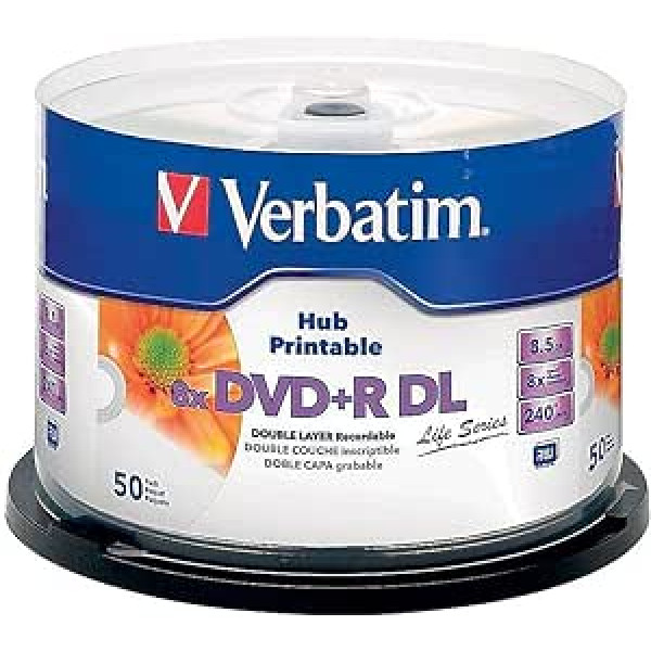 Verbatim DVD divslāņu DVD+R DL 8,5 GB / 240 min 8x pilnīgi drukājams balts bez ID pack, 50 gabali kūkas kastē