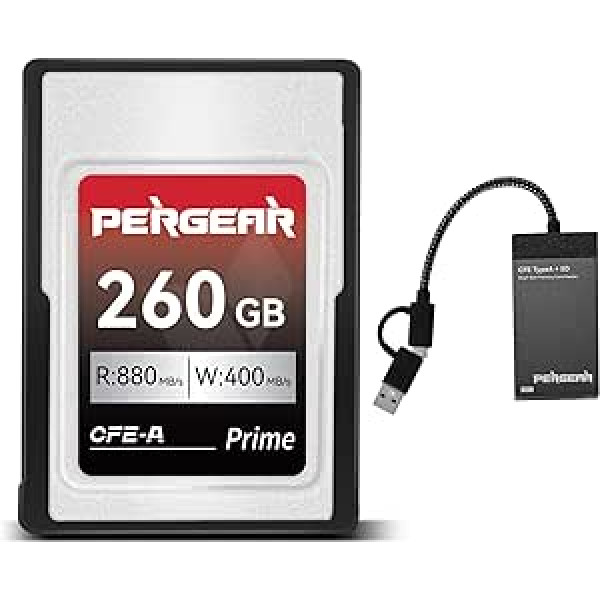 PERGEAR Professional 260 GB CFexpress A tipa atmiņas karte, lasīšanas ātrums līdz 880 MB/s un rakstīšanas ātrums 900 MB/s 4K 120P, 8K 30P ierakstīšanai ar karšu lasītāju