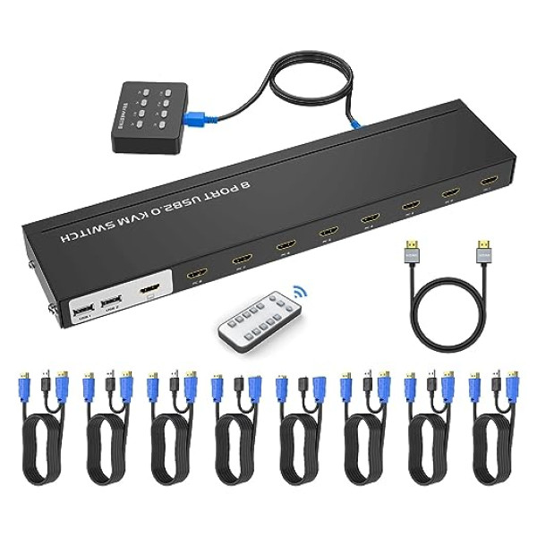 4K HDMI KVM Switch 8 Port with HDMI Cable, Yinker USB HDMI KVM Switch for 8 Computers Sharing One HD Monitor Keyboard Mouse and Speaker 4K @ 30Hz