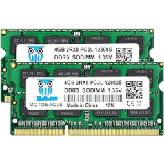 8GB Kit (2x4GB) DDR3L-1600 SODIMM PC3 PC3L 12800S 4GB 204-Pin 2Rx8 DDR3 1600MHz Unbuffered Non-ECC 1.35V CL11 Dual Rank Notebook Memory