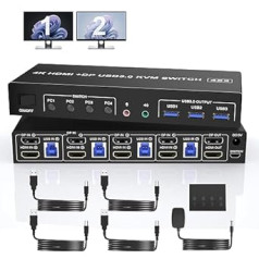 USB 3.0 displeja ports + HDMI divi monitori KVM slēdzis 4 datoriem, 4K 60 Hz KVM slēdzis 4 datori 2 monitori, ar audio mikrofona izvadi un 3 USB 3.0 porti, divu monitoru KVM slēdzis HDMI displeja ports 4 ports