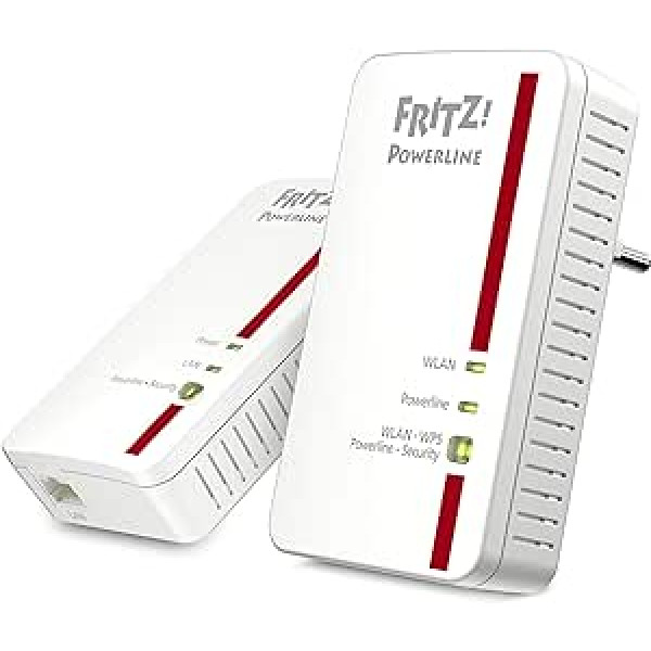 AVM FRITZ!Powerline 1240E/1000E WLAN komplekts (1200 MB/s, WLAN piekļuves punkts, ideāls multivides straumēšanai vai NAS-Anbindungen, starptautiskajai versijai), ethernet weiß