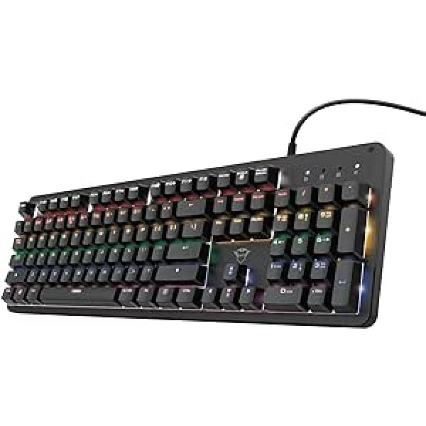 Trust Gaming mehāniskā spēļu tastatūra GXT 863 Mazz — mehānisks Outemu sarkans slēdzis, vācu QWERTZ izkārtojums, 14 krāsu režīmi, USB Plug & Play, dators/klēpjdators, melns