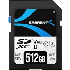 SABRENT SD karte 512GB V90, SDXC karte UHS II, SD atmiņas karte, 10. klase, U3, R280MB/s W250MB/s Full HD Ultra 8K profesionāliem fotogrāfiem, videogrāfiem, video emuāriem (SD-TL90-512GB)