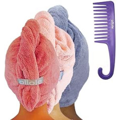 Ollole mikrošķiedras matu dvielis sievietēm I Xtra Long 3 Pack + Wide Zoo Comb I Essential aksesuāri cirtainiem, gariem, taisniem, bieziem, ziliem, rozā matiem