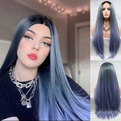 Rainahair Ombre sintētiskās mežģīņu priekšējās parūkas, garas, taisnas, tumšas saknes līdz purpursarkanai zilai pelēkai krāsaina parūka, karstumizturīga sintētiska mežģīņu priekšējā parūka sievietēm 61 cm (Ombre zila gaiši viol