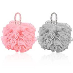 Yrvct 2 Pieces Sponge Shower Sponge Soft Loofah Sponge Pouf Exfoliating Mesh Shower Ball for Adults and Men (Pink + Grey)