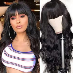 Emol Cilvēka matu parūka ar sprādzieniem, Body Wave Bangs sieviešu parūka, pilnībā izgatavota brazīliešu priekšējā parūka sievietēm bez mežģīnēm, dabīgi melna, 150% blīvums, 100% Virgin cilvēka matu parūkas, 20 collas