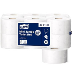 Tork 472102 mini Jumbo tualetes papīrs uzlabotā kvalitātē Tork T2 Mini Jumbo tualetes papīra sistēmai / 2 slāņu tualetes papīrs baltā krāsā, 12 x 900 loksnes