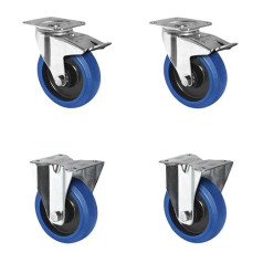 CASCOO SETTPFP100R4E1B34 Castors Set 2 Swivel Castors with Locks, 2 Fixed Castors, Polyamide, Elastic Blue, Rubber, Diameter 100 mm, Ball Bearings, Transport Castors, Load Capacity 480 kg (Pack of 4)