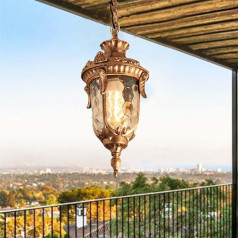 Vintage āra piekarināmā gaisma zelta E27 lampa, kas izgatavota no alumīnija stikla retro piekarināmā gaisma āra gaisma ūdensnecaurlaidīga piekarināma gaisma pie griestiem, gaiša vīnogu rāmis iekšpagalma pilināmā laterna veranda