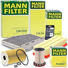 1 x Mann-Filter eļļas filtrs, 1 x Mann-Filter gaisa filtrs, 1 x Mann-Filter salona filtrs (aktīvās ogles filtrs), 1 x Mann-Filter degvielas filtrs, 1 x eļļas iztukšošanas aizbāznis, 1 x eļļas maiņas piekabe