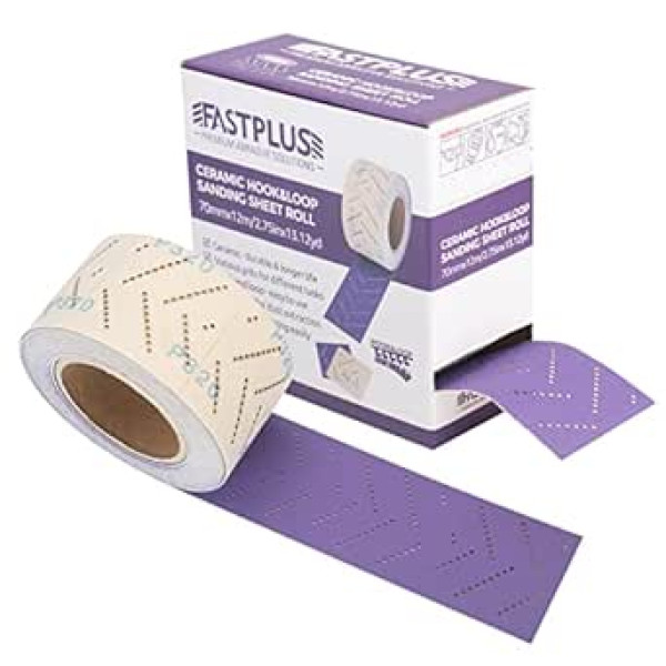 FASTPLUS slīpēšanas loksnes rullītis violets keramikas slīpēšanas loksnes rullīšu slīpēšanas rullītis zigzaga caurumi 70 mm x 12 m koka slīpēšanai, pārklājuma noņemšanai, automašīnu slīpēšanai, virsbūves remontam, 320 graudain