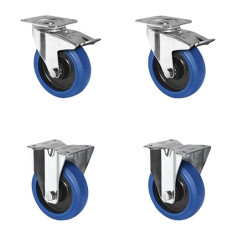 CASCOO SETTPFP125R4E1B34 Set of 2 Swivel Castors with Lock, 2 Fixed Castors, Polyamide, Elastic, Blue, Rubber, Diameter 125 mm, Ball Bearing, Transport Castors, Load 600 kg (Pack of 4)