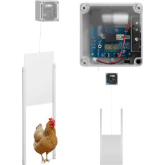 Automātisks vistu kūts durvju atloks ar gaismas sensoru, akumulatoru un no tīkla darbināmu LCD