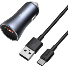 Ātrais auto lādētājs 40W PD QC USB-C / USB + USB-C kabelis pelēks