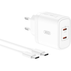 XO CE08 PD Tīkla Lādētājs 50W 2x USB-C + USB-C Vads