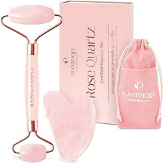 Plantifique Rose Quartz Roller and Gua Sha Stone by Plantifique Natural Guasha - Face Roller - Face Massage for Eye Swelling Skin Tightening Face - Face Massager