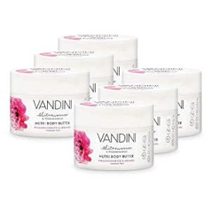 Vandini Nutri Body Butter Women with Peony Blossom & Argan Oil — ķermeņa krēms kā ķermeņa krēms un sejas krēms sausai ādai — vegānisks ķermeņa krēms sievietēm iepakojumā pa 6 (6 x 200 ml)