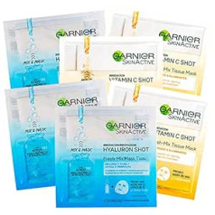 Garnier 3 x Garnier Skinactive Fabric Mask Fresh Mix Vitamin C Shot Energising with Vitamin C + 3 x Hyaluronic Shot Moisturising Moisturiser with Hyaluronic Acid - 6 Face Masks