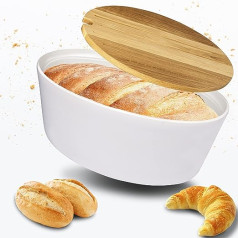 FloX Products® keramikas maizes tvertne - Eiropā ražots māls - Baltās maizes kaste 35 x 24 x 14 cm ar ozola koka vāku - Dabīgais maizes grozs - Jauns iepakojums