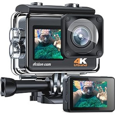 CAMWORLD Action Cam 4K 24MP zemūdens kamera 40 m ūdensizturīga darbības kamera ar dubultā ekrāna Wi-Fi ledus darbības kameru 170° Ultra HD platleņķa objektīva videokamera ar 2 baterijām un piederumu komplektu