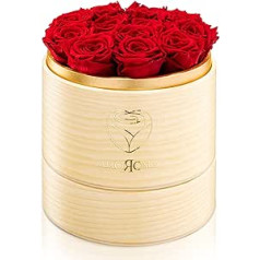 Amoroses Superior 12 Real Stabilised Roses with Handmade Wooden Hat Box - Bouquet for Valentine's Day (Natural Box of Red Roses)