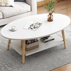 Anmas Power Double Layer Coffee Table, White Side Tables, Wood, Living Room Table, Oval, 80 x 40 cm, Pine Wood Legs, Sofa Tables