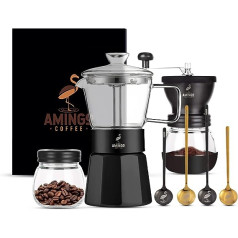 Amingo nerūsējošā tērauda espresso automāts 240 ml espresso un manuāla kafijas dzirnaviņas ar keramikas dzirnaviņām + 4 kafijas karotes zelta un melnā krāsā + uzglabāšanas burka