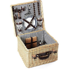 Greenfield Collection Deluxe Clarendon Willow 2 Person Picnic Hamper - Midnight Blue and White Striped Lining