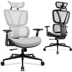 Ferghana Ergonomisks tīkla biroja krēsls ar regulējamiem 3D roku balstiem, galvas balsts, jostasvietas atbalsts, 135° datora krēsls, tīklveida izpildkrēsls ar augstuma regulēšanu un šūpošanas funkciju, pelēks